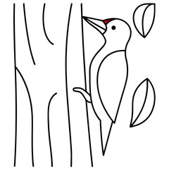 Woodpecker Birds Line Art Drawing for Kids &ndash; Simple Outline Vector Illustration for Educational Design