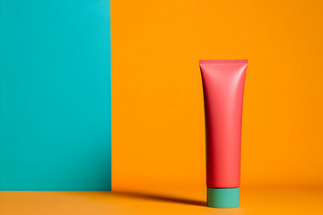 Bright pink tube of toothpaste stand still against a vibrant background symbolize freshness and cleanliness in personal hygiene routines
