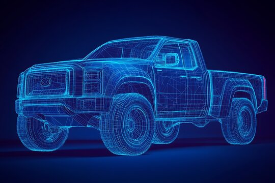 Futuristic Digital Wireframe Pickup Truck Concept – Blue Background Tech Visualization