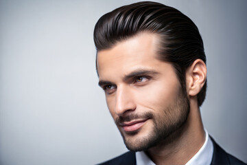 Obraz premium Close up of a Well-Groomed Man With Sleekly Combed Hair Showcasing a Confident Expression in a Neutral Setting