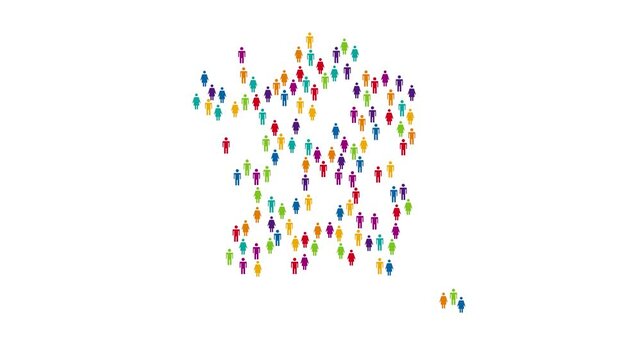 Colorful human icons form and transform the shape of France map
