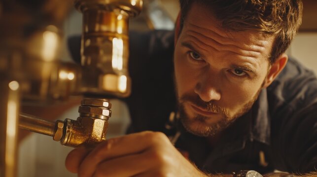 Plumber tightening a brass pipe fitting under a kitchen sink. Featuring leak prevention and secure installation