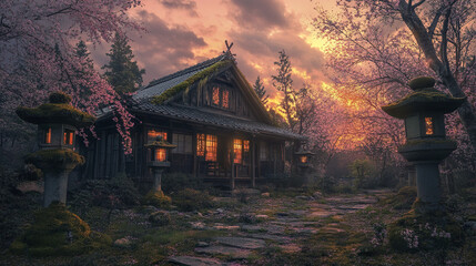 Obraz premium serene Japanese house with cherry blossoms at sunset, surrounded by stone lanterns