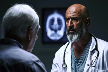 A concerned doctor speaks to an elderly patient, examining an X-ray that highlights brain health and medical decisions in a clinical setting.