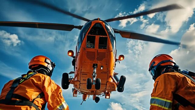 Skyborne Savior: A striking view of a search and rescue helicopter, hovering amidst a vibrant sky, attended by two figures clad in rescue attire. Evoking a sense of urgency, hope.