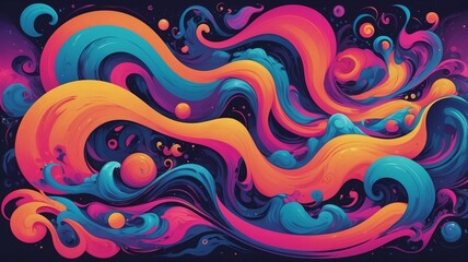 Psychedelic space waves with neon ribbons of orange, teal, magenta, and violet flowing through a cosmic backdrop.