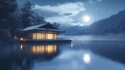 Fototapeta premium serene Japanese villa floats on moonlit lake, surrounded by tranquil nature
