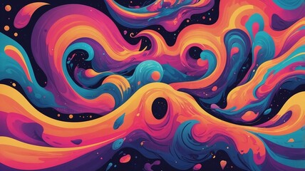Vibrant cosmic swirls in neon hues of orange, pink, blue, and purple, forming fluid abstract waves and space-like patterns.
