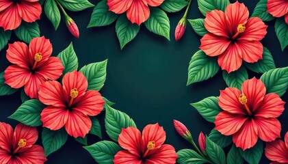 Bold tropical hibiscus blooms, lush green foliage, vibrant seamless repeat , repeat, exotic, pattern