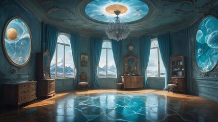 Surreal celestial observatory room, grand windows revealing snowy mountains, glowing planets and bubbles in ornate frames, chandelier, antique furniture, icy reflective floor, ethereal blue tones.