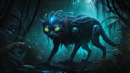 Bioluminescent cybernetic jungle cat with glowing yellow eyes, sleek black fur merged with alien tech, standing alert in a misty, glowing rainforest under teal-blue light.