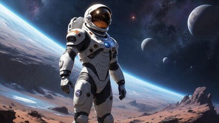 Astronaut in a futuristic space suit standing on a rocky alien planet, with a view of multiple moons and stars in deep space, Earth-like planet horizon in the background.