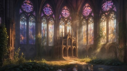 Mysterious female sorceress in a dark hooded cloak standing in ancient ruins, glowing purple eyes and intricate magical runes on her chest, wielding a staff radiating arcane energy surrounded by float