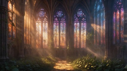 "Sunlight filters through stained glass windows in an overgrown, forgotten cathedral, casting ethereal light over creeping vines and ancient stone."