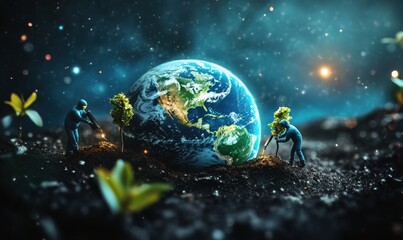 Tiny figures planting saplings around Earth, space background; environmental conservation