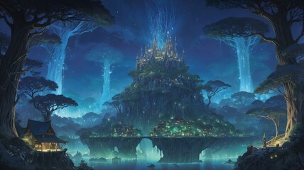 "An enchanting elven city built into towering, ancient trees, with glowing windows and golden arches, bathed in moonlight under a full glowing moon, surrounded by a serene lake, waterfalls, and soft