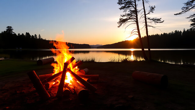 campfire by lakeside during peaceful summer sunset