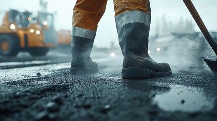 Road construction worker spreading asphalt. Featuring seamless road paving