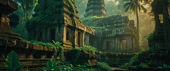 Fototapeta premium Ancient Stone Temple Ruins Overgrown with Lush Tropical Vegetation in Misty Jungle
