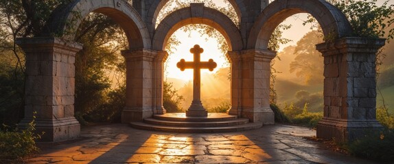 Fototapeta premium Serene View of Cross at Sunrise Through Stone Archway in Natural Landscape.