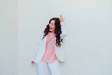 woman grimacing on white office background