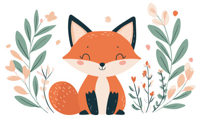 Obraz premium Smiling baby fox sitting with tail curled, minimal details, clean white background.