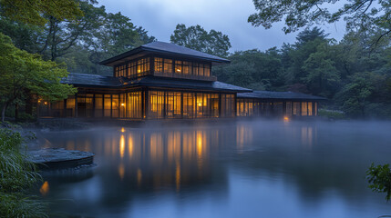 serene lakeside house with glowing lights and misty surroundings