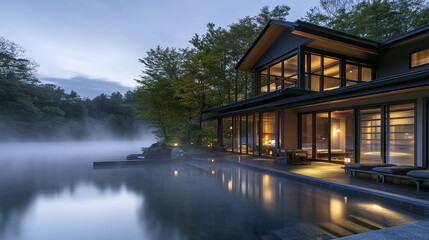 Obraz premium Lakeside ryokan style house with serene atmosphere and misty water