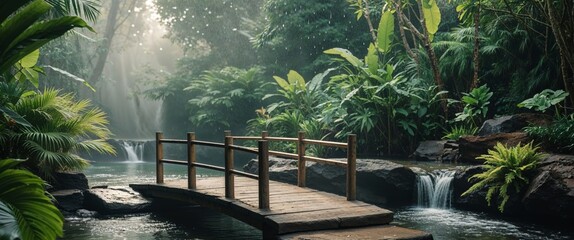 Tropical waterfall garden with wooden bridge.