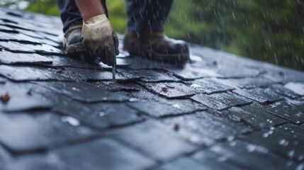 Roofer fixing a roof leak during a rainstorm. Featuring roof repairs