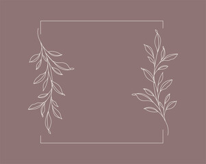 Floral and square hand drawn style. Floral brown frame of twigs, leaves and flowers. Frames for the Valentine's day, wedding decor, logo and identity template.
