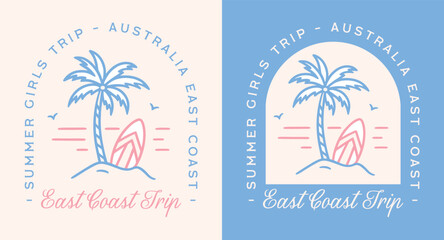 Australia east coast summer girls trip surf blue pink aussie girl aesthetic coastal beach lover sticker badge. Retro vintage boho girly quotes printable besties matching shirt design poster print.