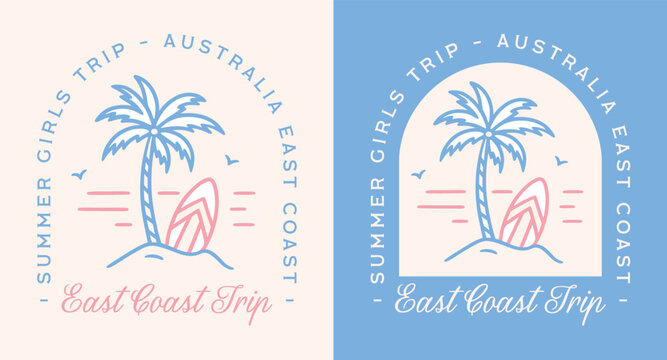 Australia east coast summer girls trip surf blue pink aussie girl aesthetic coastal beach lover sticker badge. Retro vintage boho girly quotes printable besties matching shirt design poster print.