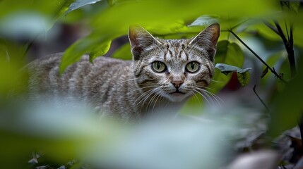 Fototapeta premium A tabby cat peeks through foliage