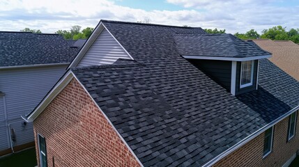 Roofer installing asphalt shingles on a suburban house. Featuring roof repair and weatherproofing