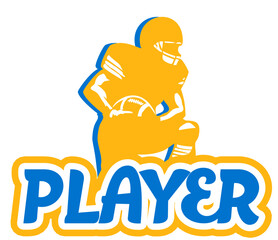 “Player” written in bold rounded letters with a football player leaning against the text. Two-tone vector design with lighter yellow and darker blue, perfect for sports and football-themed graphics 