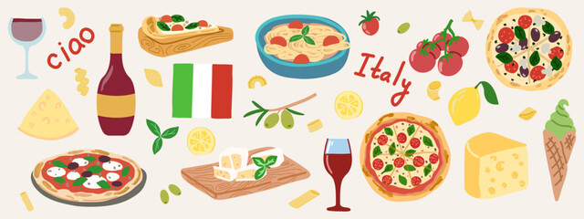 Italian traditional food set. Cartoon doodle symbols of traditional products and ingredients: olive, tomatoes, cheese, mozzarella, wine, lemon, spice, gelato, pizza, cheese, pasta. Vector Cartoon food
