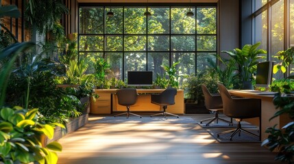 Fototapeta premium Sunny modern office with plants, interior view, natural light