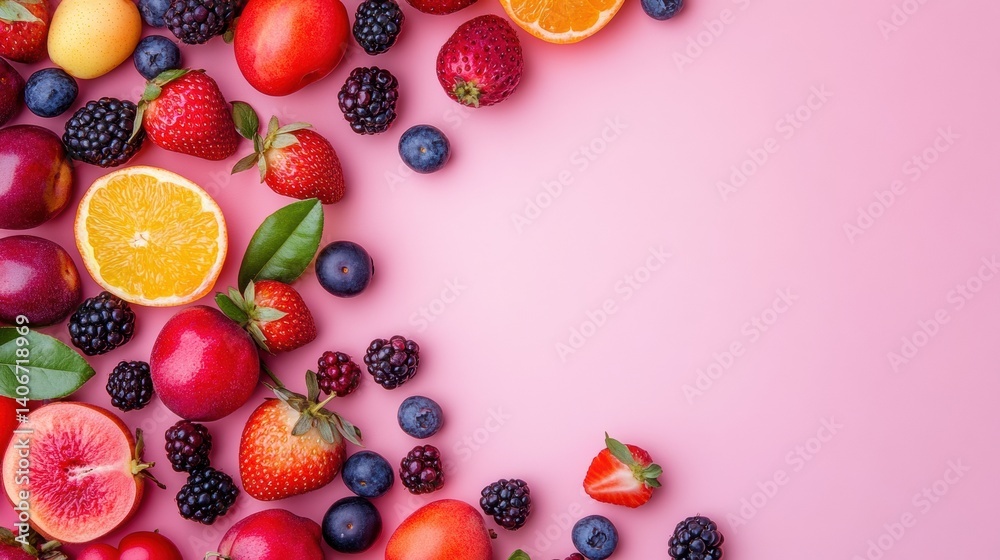 Leinwandbilder fresh fruits and berries arranged in a vibrant composition against a soft pastel background in a min