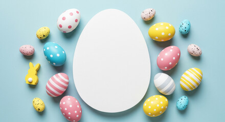 Whimsical Easter Egg Flatlay with Pastel Candy & Polka Dot Decorations on Light Blue Background