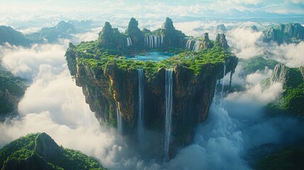 Fototapeta premium Floating island paradise, waterfalls, lush vegetation, misty mountains. Fantasy landscape, ideal for game design