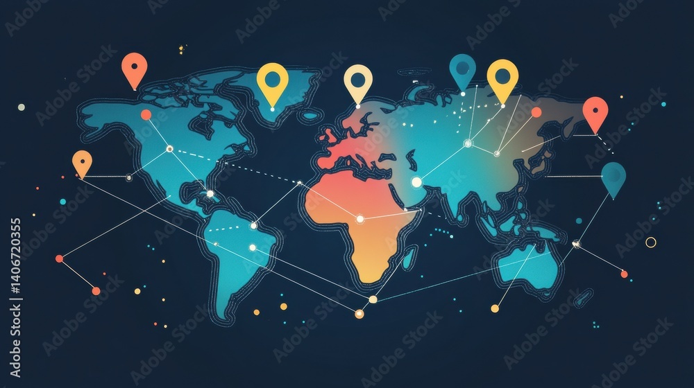 Aufkleber stylized world map with location pins highlighting connections across continents in a modern abstrac