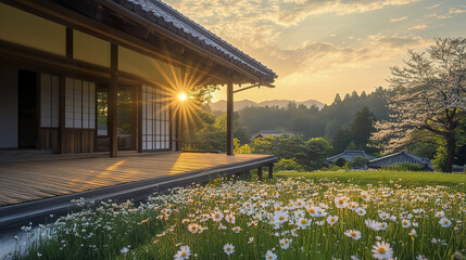 Fototapeta premium Traditional Japanese farmhouse with wooden beams at sunset, surrounded by daisies