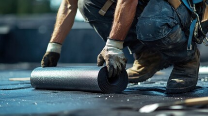 Roofing contractor applying roof underlayment for a commercial building. Featuring attention to detail and weatherproofing