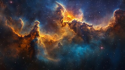 Fototapeta premium Vibrant Cosmic Nebula with Stars, A vibrant and colorful nebula in space, showcasing bright orange, blue, and yellow hues with stars