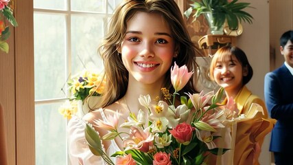 mother receiving flowers from her smiling children. Mother's Day - Powered by Adobe