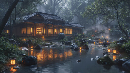 Fototapeta premium serene Japanese home by stream with glowing lanterns at night