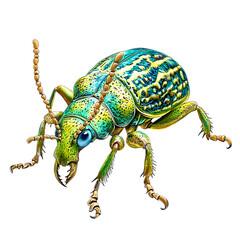 Close up of a weevil insect with textured white and black exoskeleton detailed antennae and legs isolated on a clear transparent background with no shadow or external elements