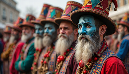 Fototapeta premium Festively dressed men with blue faces celebrating in vibrant attire 