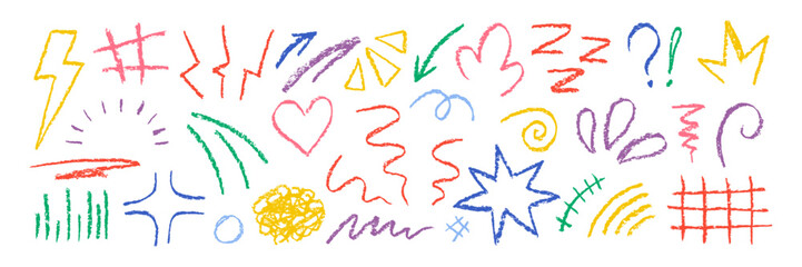 Set of movement elements with crayon, pastel or chalk texture. Expressive, emotion and decoration lines with sun, heart, grid and spot in sketch style. Color vector illustration on a white background.